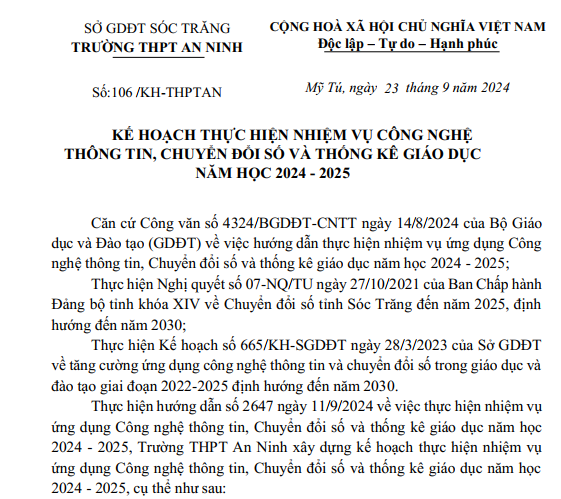 Kế hoạch CNTT năm học 2024 - 2025